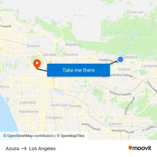 Azusa to Los Angeles map