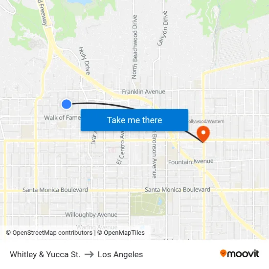 Whitley & Yucca St. to Los Angeles map