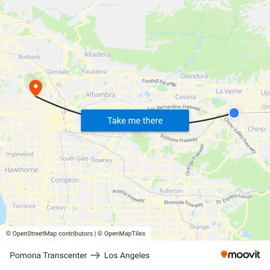Pomona Transcenter to Los Angeles map