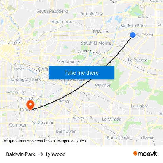 Baldwin Park to Lynwood map