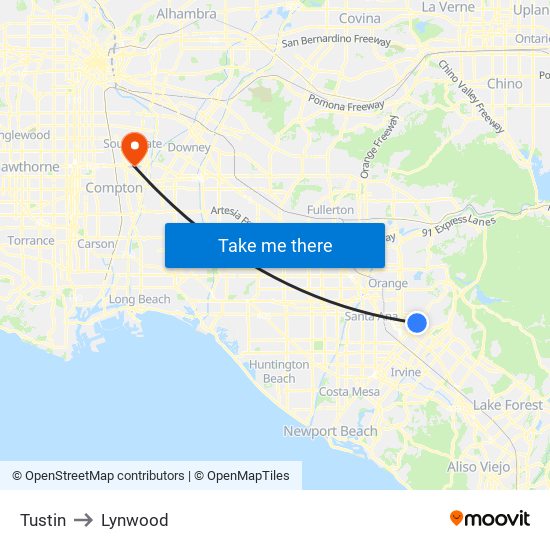 Tustin to Lynwood map