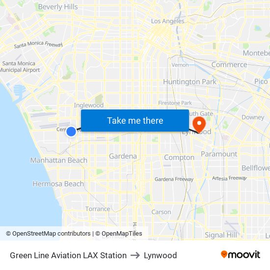 Green Line Aviation LAX Station to Lynwood map