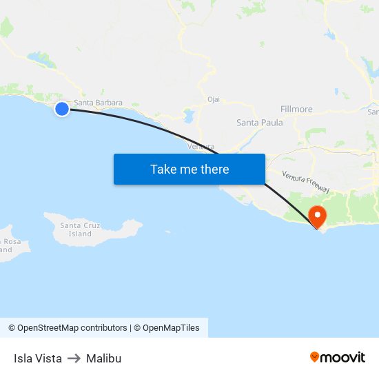 Isla Vista to Malibu map