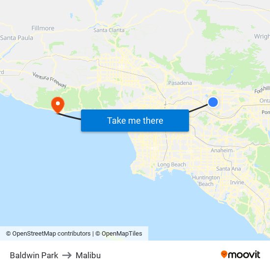 Baldwin Park to Malibu map