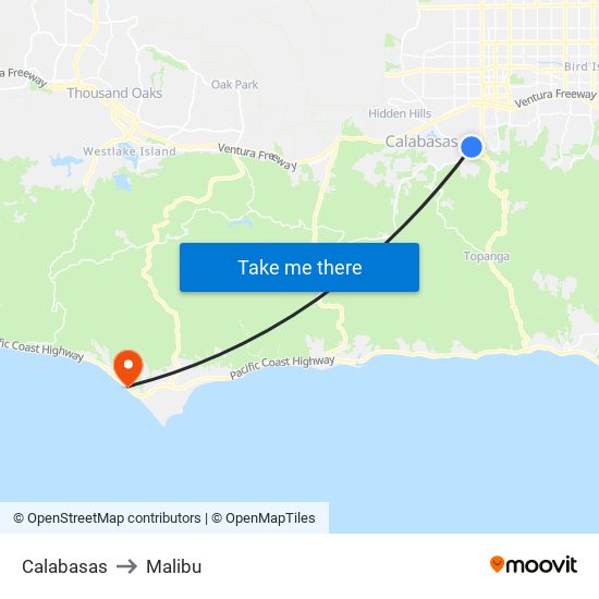 Calabasas to Malibu map
