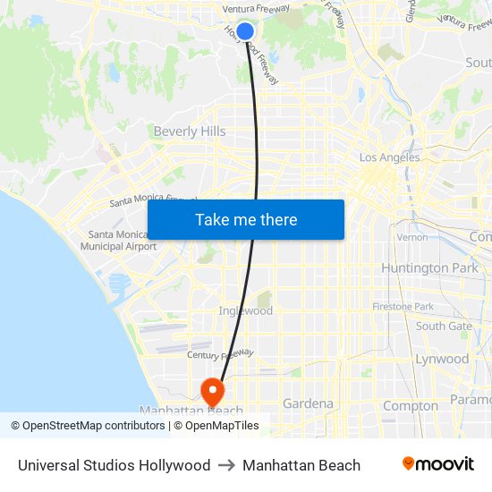 Universal Studios Hollywood to Manhattan Beach map