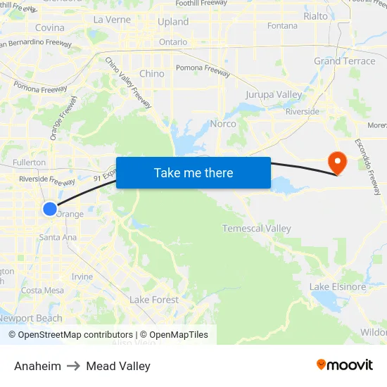 Anaheim to Mead Valley map