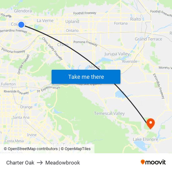 Charter Oak to Meadowbrook map