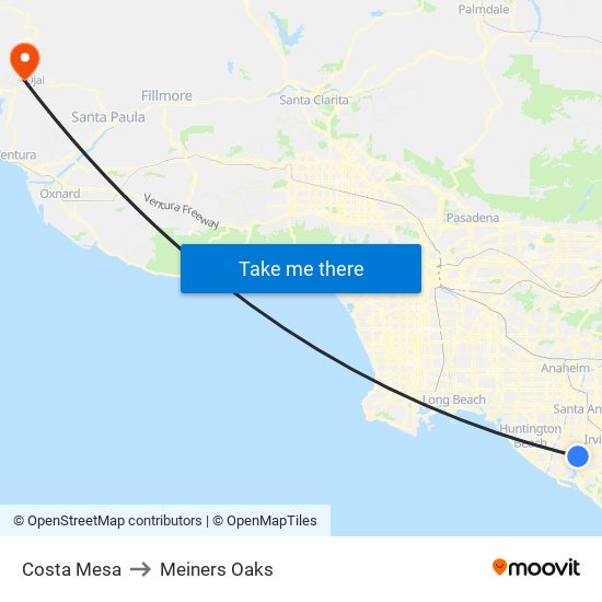 Costa Mesa to Meiners Oaks map