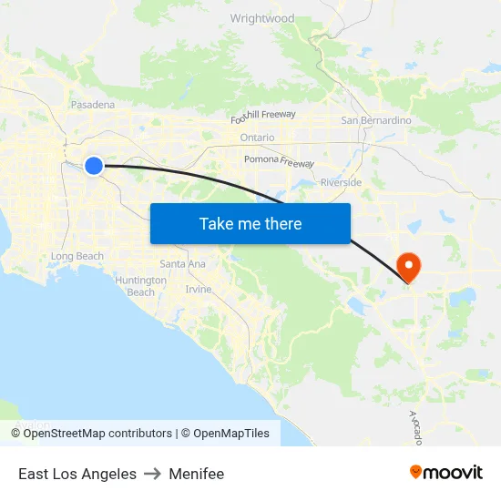 East Los Angeles to Menifee map