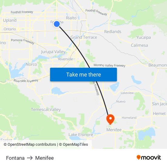 Fontana to Menifee map