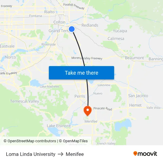 Loma Linda University to Menifee map