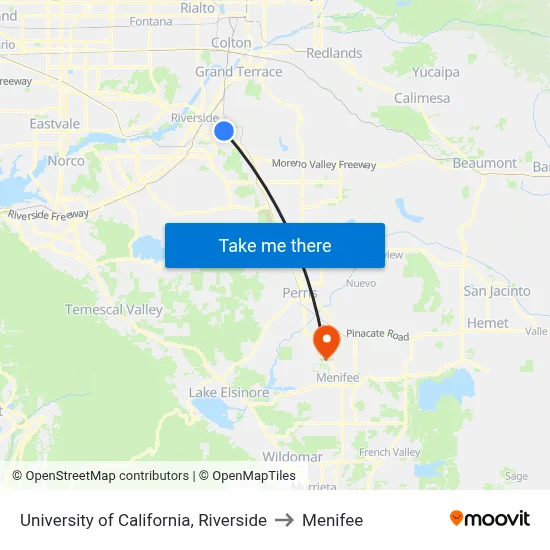 University of California, Riverside to Menifee map