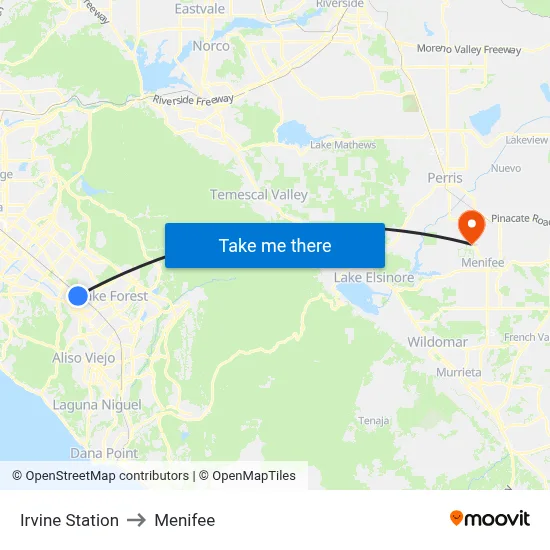 Irvine Station to Menifee map