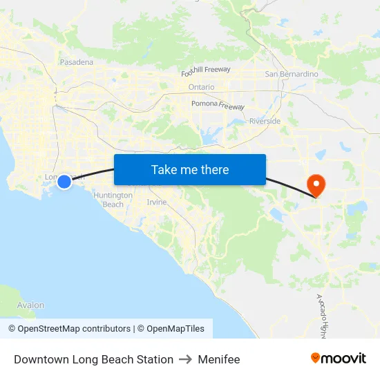 Downtown Long Beach Station to Menifee map