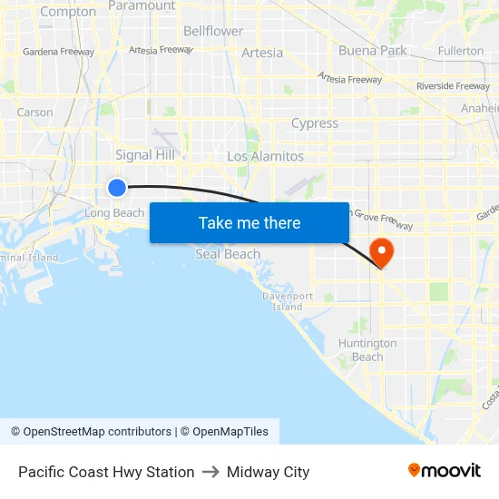 Pacific Coast Hwy Station to Midway City map