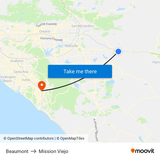 Beaumont to Mission Viejo map