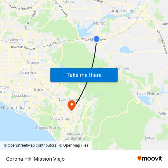 Corona to Mission Viejo map
