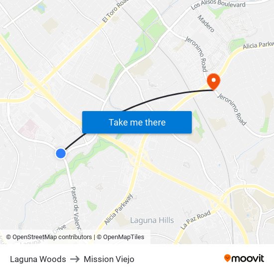 Laguna Woods to Mission Viejo map