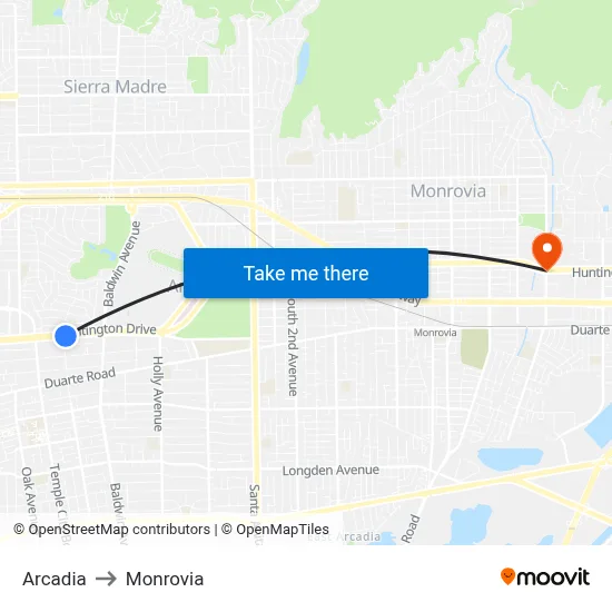 Arcadia to Monrovia map