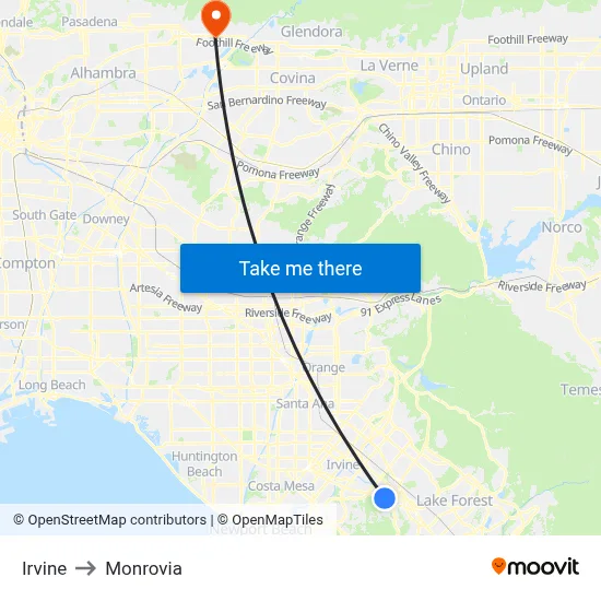 Irvine to Monrovia map