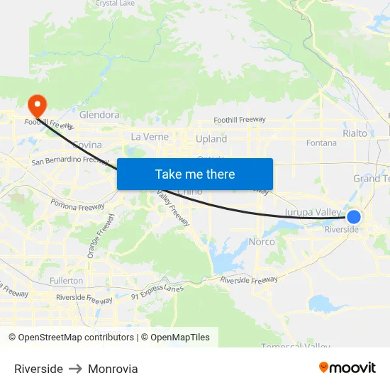 Riverside to Monrovia map