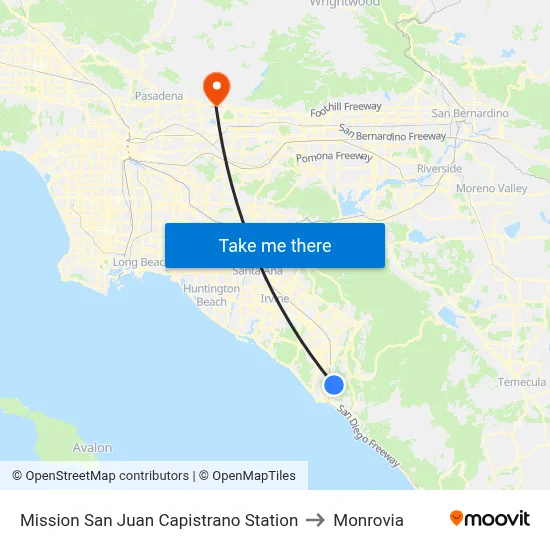 Mission San Juan Capistrano Station to Monrovia map