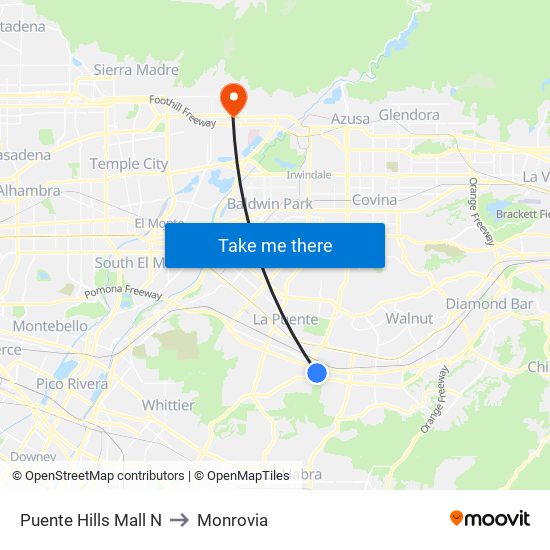 Puente Hills Mall N to Monrovia map