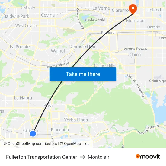 Fullerton Transportation Center to Montclair map