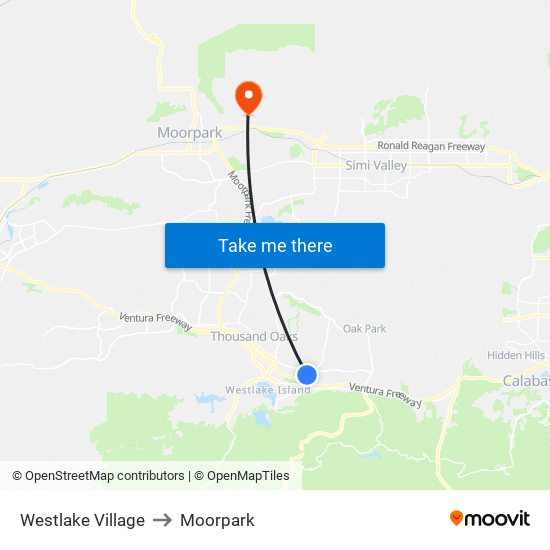 Westlake Village to Moorpark map