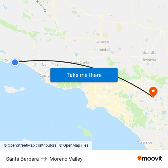 Santa Barbara to Moreno Valley map