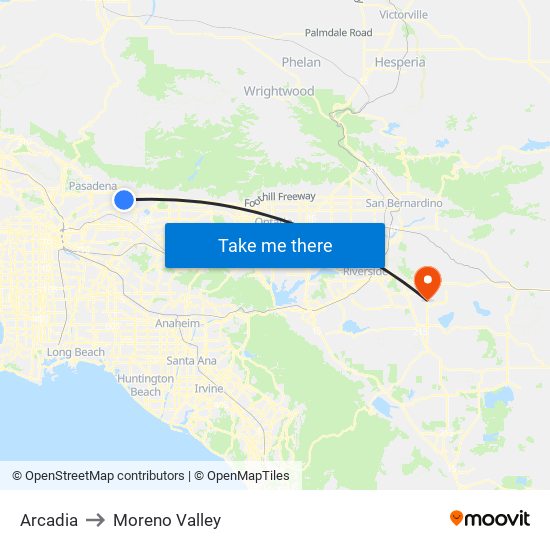 Arcadia to Moreno Valley map