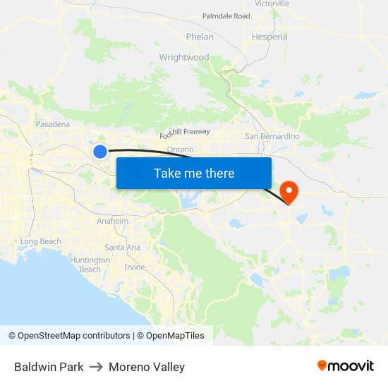Baldwin Park to Moreno Valley map