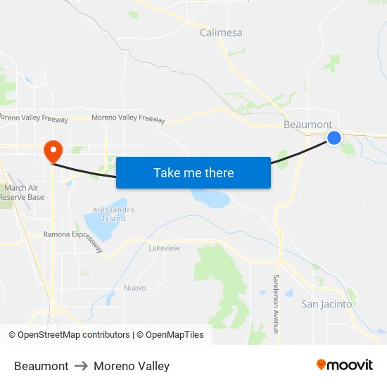 Beaumont to Moreno Valley map