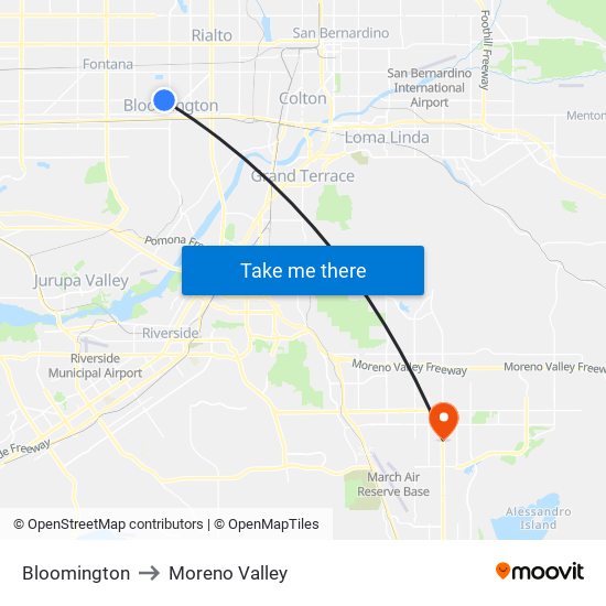 Bloomington to Moreno Valley map