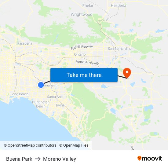Buena Park to Moreno Valley map