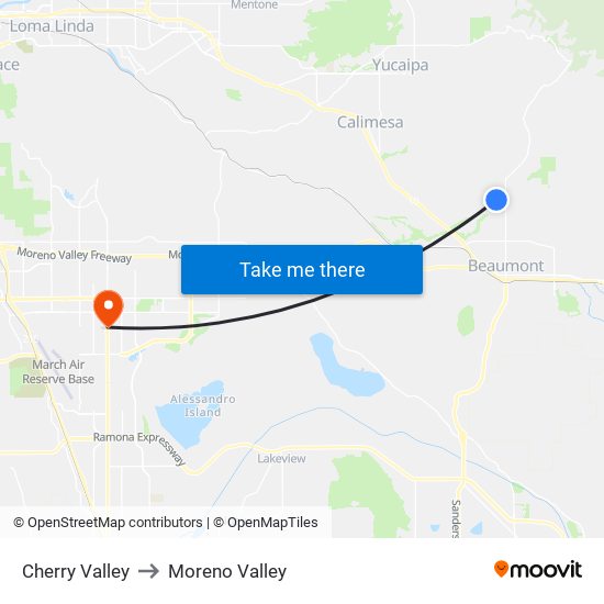 Cherry Valley to Moreno Valley map