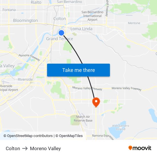 Colton to Moreno Valley map