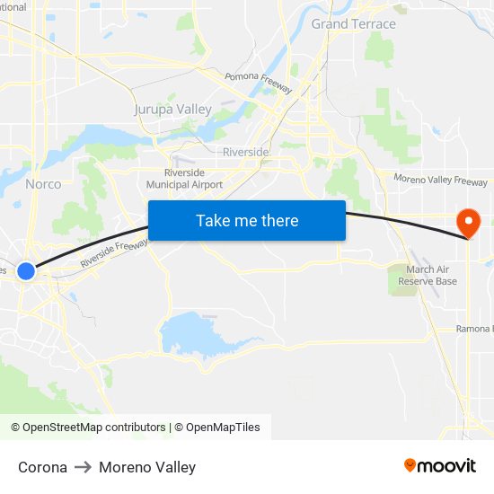 Corona to Moreno Valley map