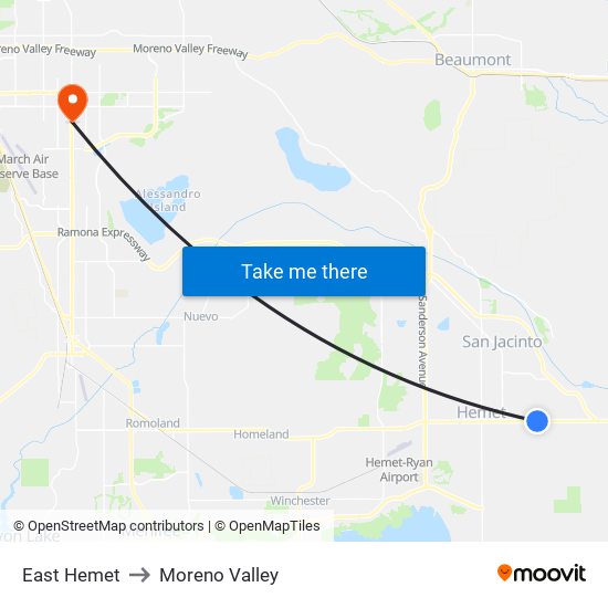 East Hemet to Moreno Valley map