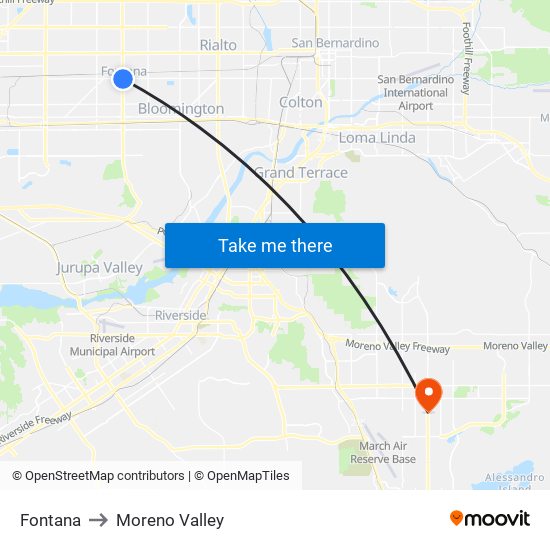 Fontana to Moreno Valley map