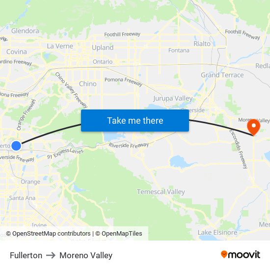 Fullerton to Moreno Valley map