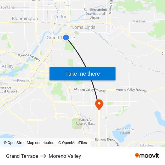 Grand Terrace to Moreno Valley map