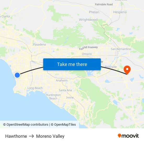 Hawthorne to Moreno Valley map