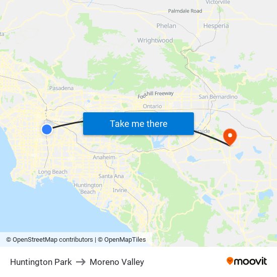 Huntington Park to Moreno Valley map