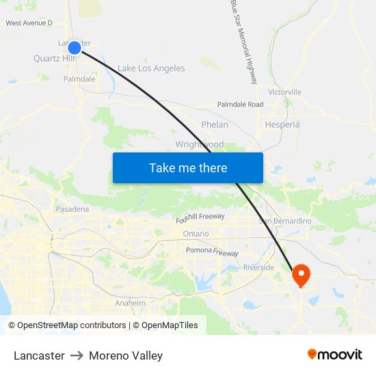Lancaster to Moreno Valley map