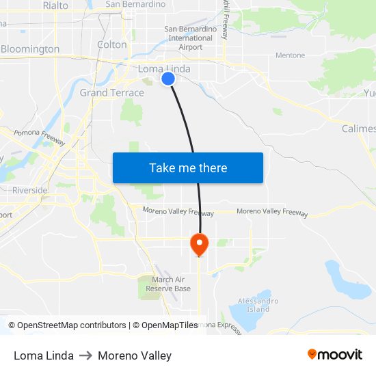 Loma Linda to Moreno Valley map