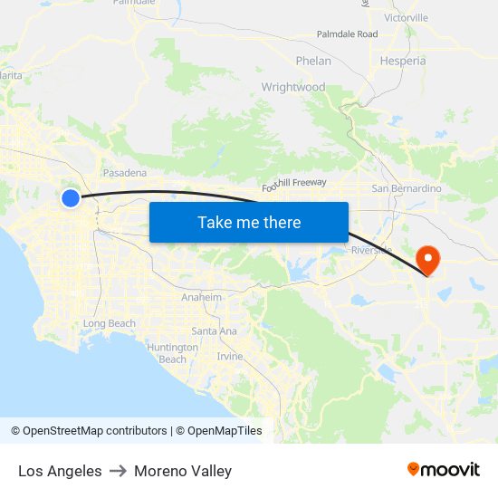 Los Angeles to Moreno Valley map