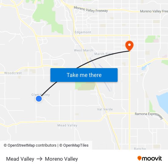 Mead Valley to Moreno Valley map