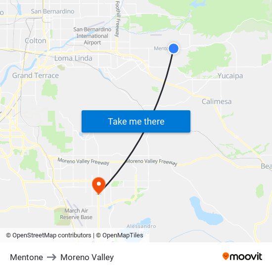 Mentone to Moreno Valley map
